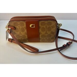 Coach Signature Canvas Brown Double Zip Crossbody
